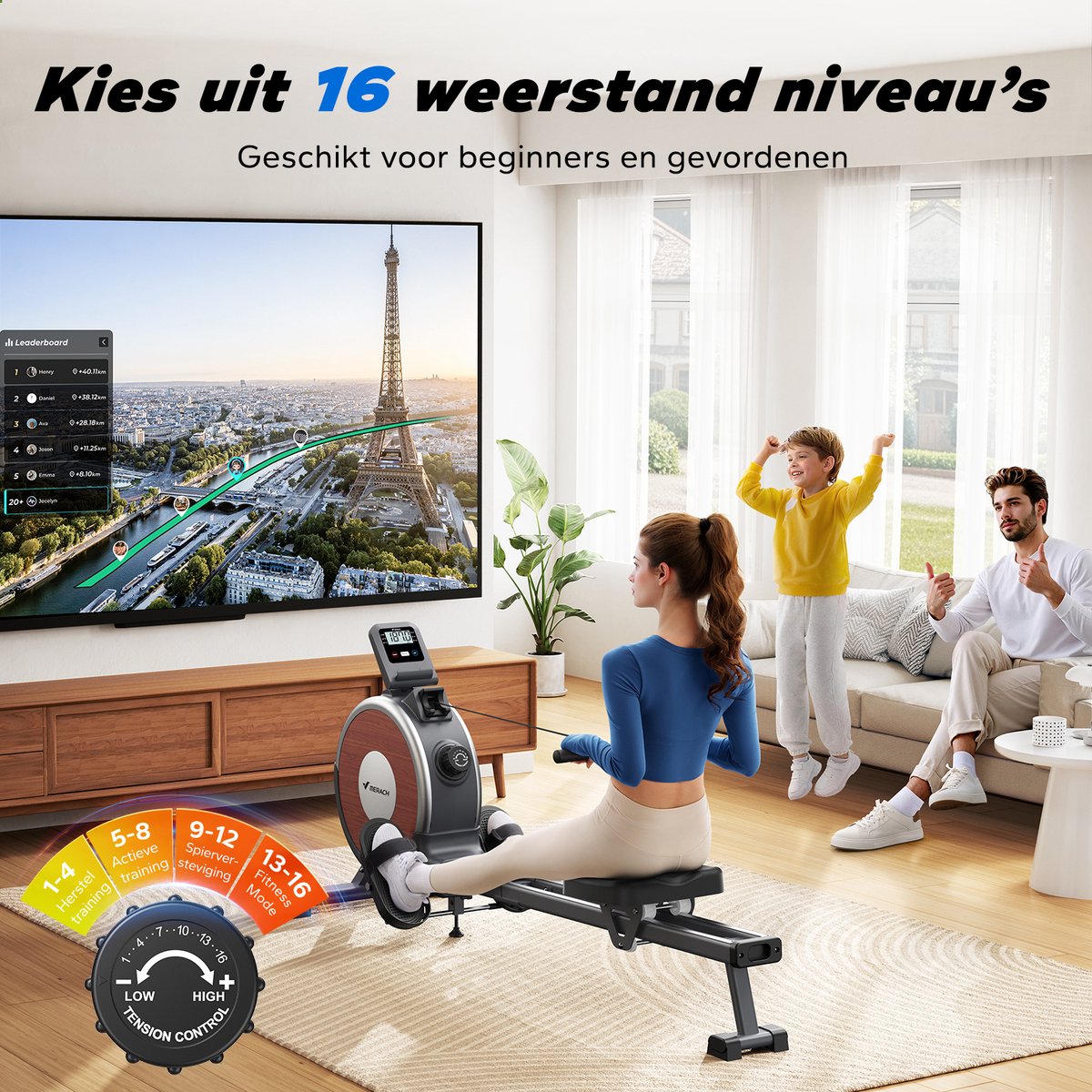 Afbeelding 3 van Roeitrainer Inklapbaar - Roeimachine - 16 Weerstand Niveaus - LCD Scherm en App - Roeiapparaat - Aansluitbaar op TV - Geschikt tot 2M lichaamslengte