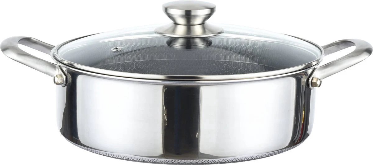 Cheffinger Lage Braadpan met Deksel - 24cm - RVS - Honingraat - Inductie