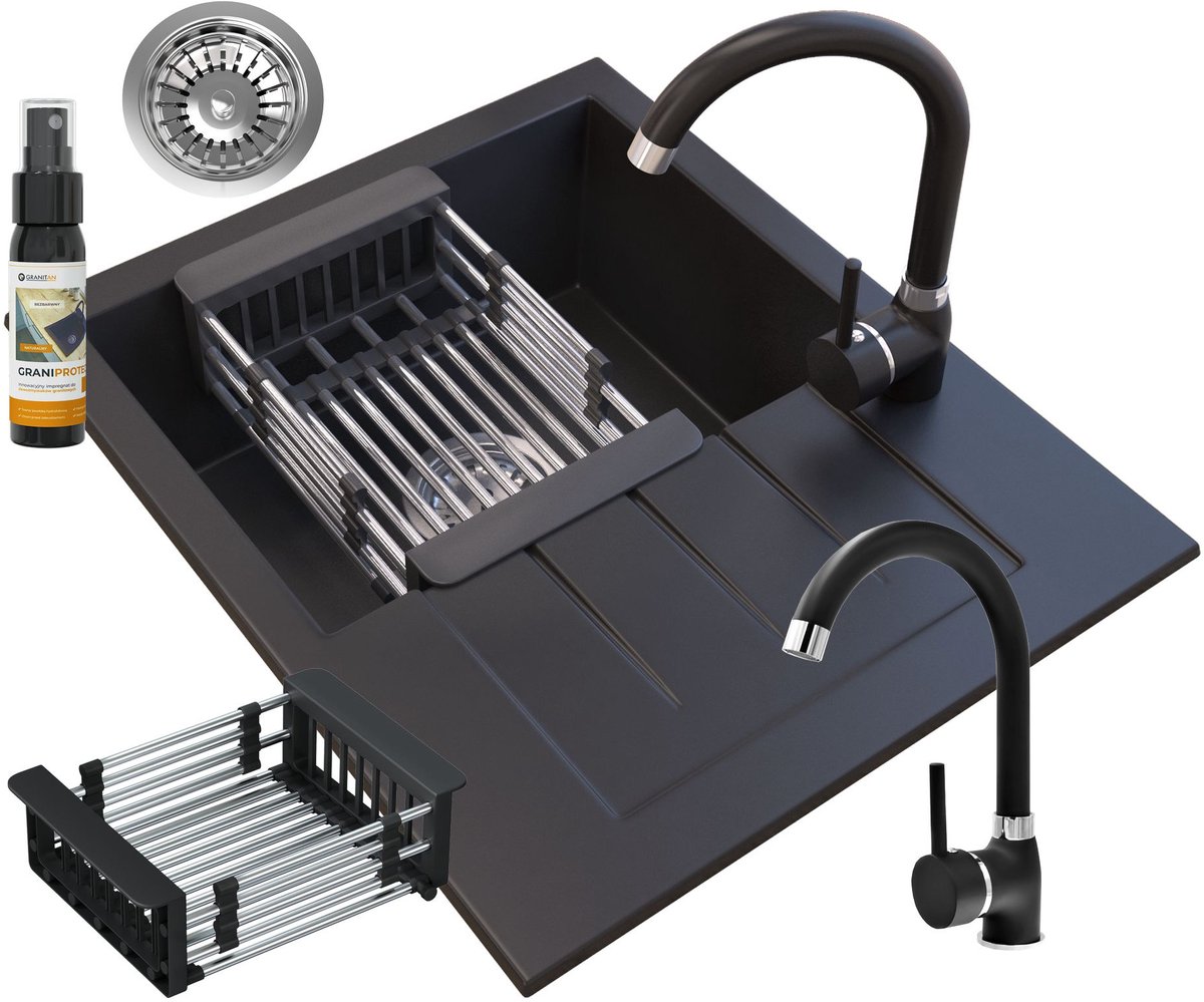 Granitan Spoelbakken Keuken Granieten Milano - Enkele Spoelbak - met Sifon en Kraan - 57x46x16cm - Zwart