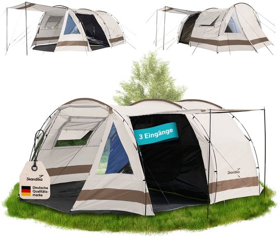 Skandika Kambo 4 Tent – Tunneltenten – Campingtent – Voor 4 personen – 3 ingangen - Tunneltent – Muggengaas – 1 slaapcabine – 420 x 275 x 165 cm (L x B x H) - 3000 mm waterkolom – Outdoor, Camping, Tuin – Kamperen – beige