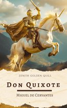 Don Quixote boek met op de cover een ridder in een gouden harnas op een witte eenhoorn, zwaard geheven, met een gouden cape.