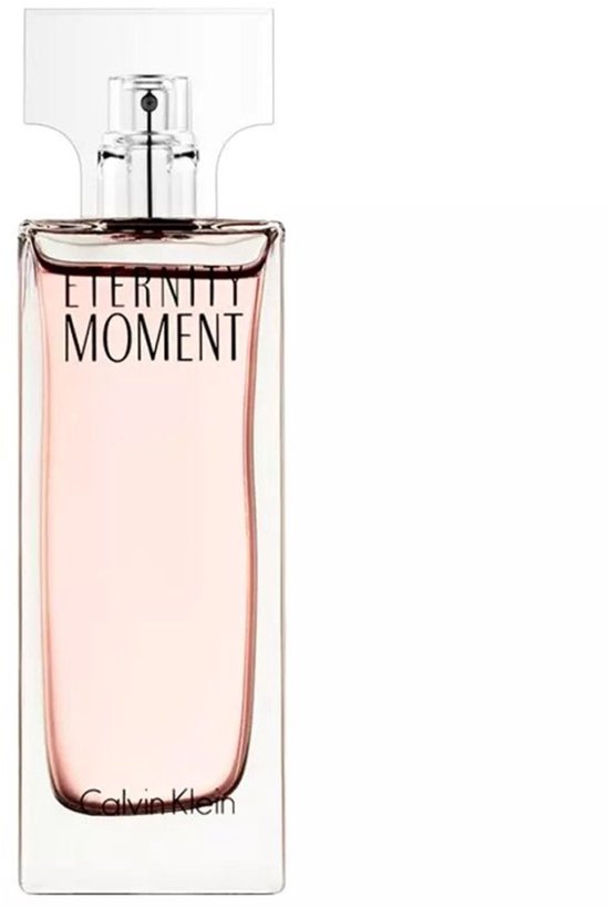 Flacon de Calvin Klein Eternity Moment Eau de Parfum au liquide rose tendre.