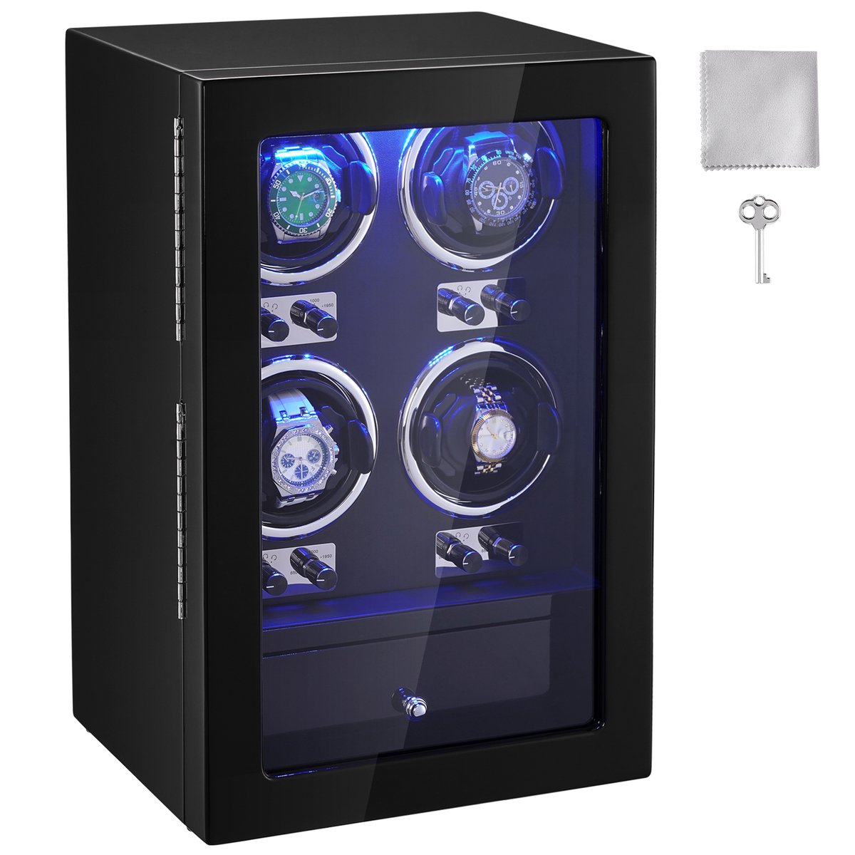 Horlogeopwinder voor 4 Automatische Horloges, met 4 Stille Japanse Mabuchi-Motoren, Blauw Led-Lampje, Adapter, Duurzame Printplaat met Hoge Dichtheid en Elegante Zwarte Pu-Afwerking