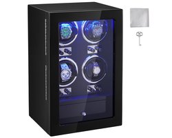 Horlogeopwinder voor 4 Automatische Horloges, met 4 Stille Japanse Mabuchi-Motoren, Blauw Led-Lampje, Adapter, Duurzame Printplaat met Hoge Dichtheid en Elegante Zwarte Pu-Afwerking