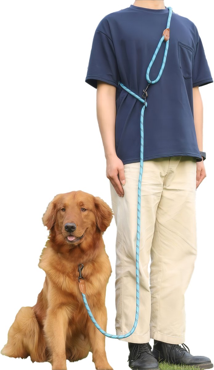 Pawello Reflecterende Handsfree 3 in 1 trainingslijn extra sterk en verstelbaar voor middelgrote & grote honden (15/80 kg) - Sky Blauw