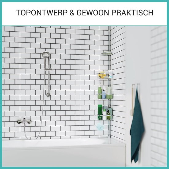 Telescopisch doucherek met 4 mandjes in een badkamerhoek met witte tegels en douchekop.
