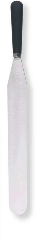 Spatule Krampouz en acier inoxydable de 35 cm avec manche noir, idéale pour les crêpes.