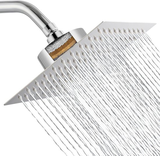 Gefilterde douchekop, 25 cm luxe regendouchekop, maakt hard water zachter, stevige douchekop verbetert de conditie van je huid en haar, geïntegreerd