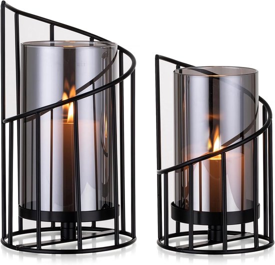 2 Bougeoirs Noirs Avec Verre Fumé - Photophores Décoratifs En Métal - Pour Bougies Et Décoration