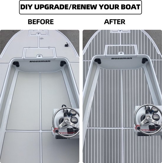 TeakFoamShop – Tapis de bateau en mousse de teck EVA Pro Series – Revêtements de sol autocollant Premium Bateaux – 240 x 60 cm – Gris clair avec lignes Witte – Durable et Luxe , antidérapant