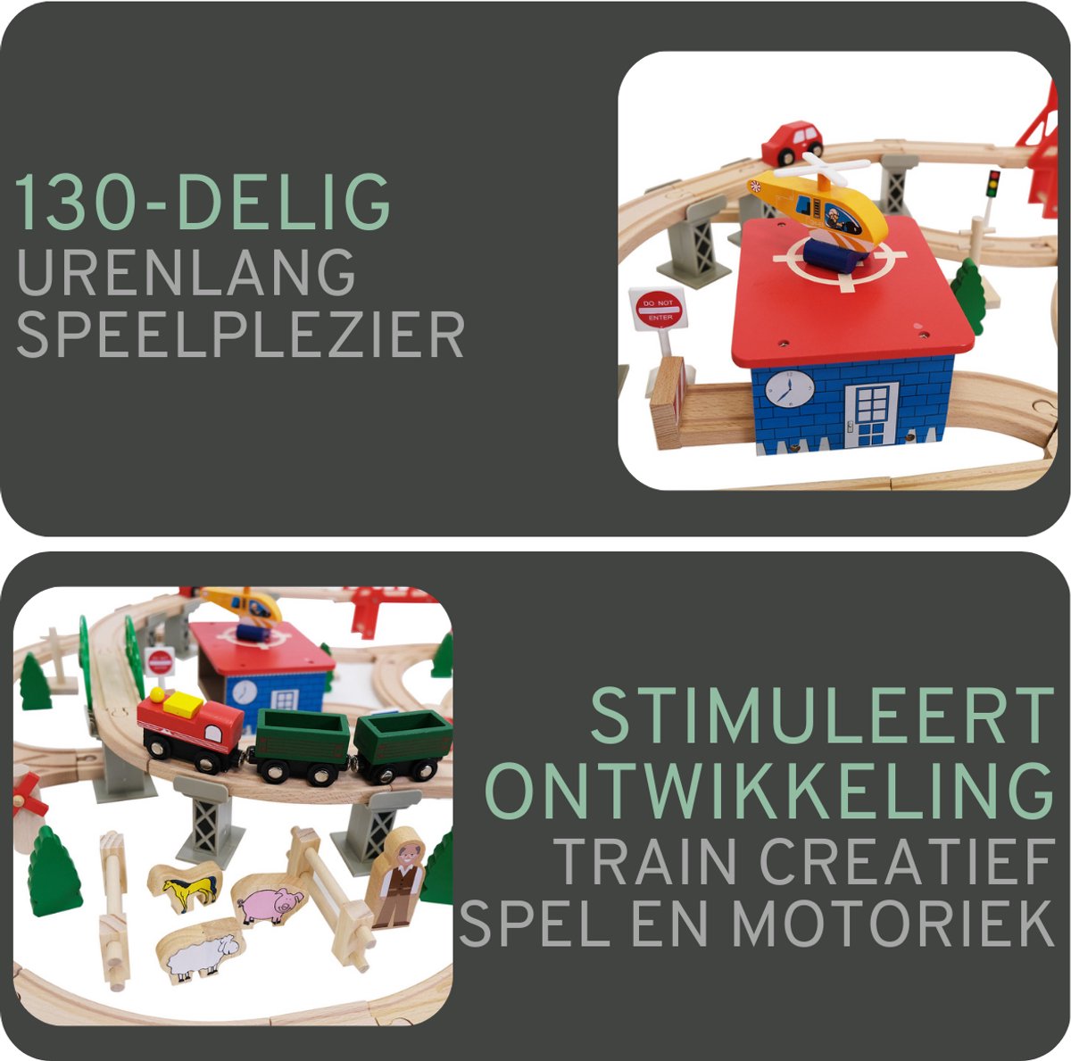 Bandits & Angels Houten Treinset 130 delig met Treinstation vanaf 3 Jaar voor Jongens en Meisjes - Trein Set met 130 delen en 2 Treinen van Hout - Treinbaan voor Kinderen met Accessoires — afbeelding 2