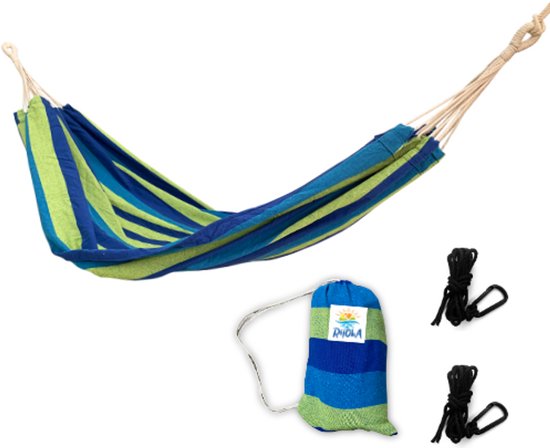 Rijoka Hamac Grand – 200×140cm – Blauw/ Vert – 1 Personne – Incl. 2 Crochet, corde et sac de rangement