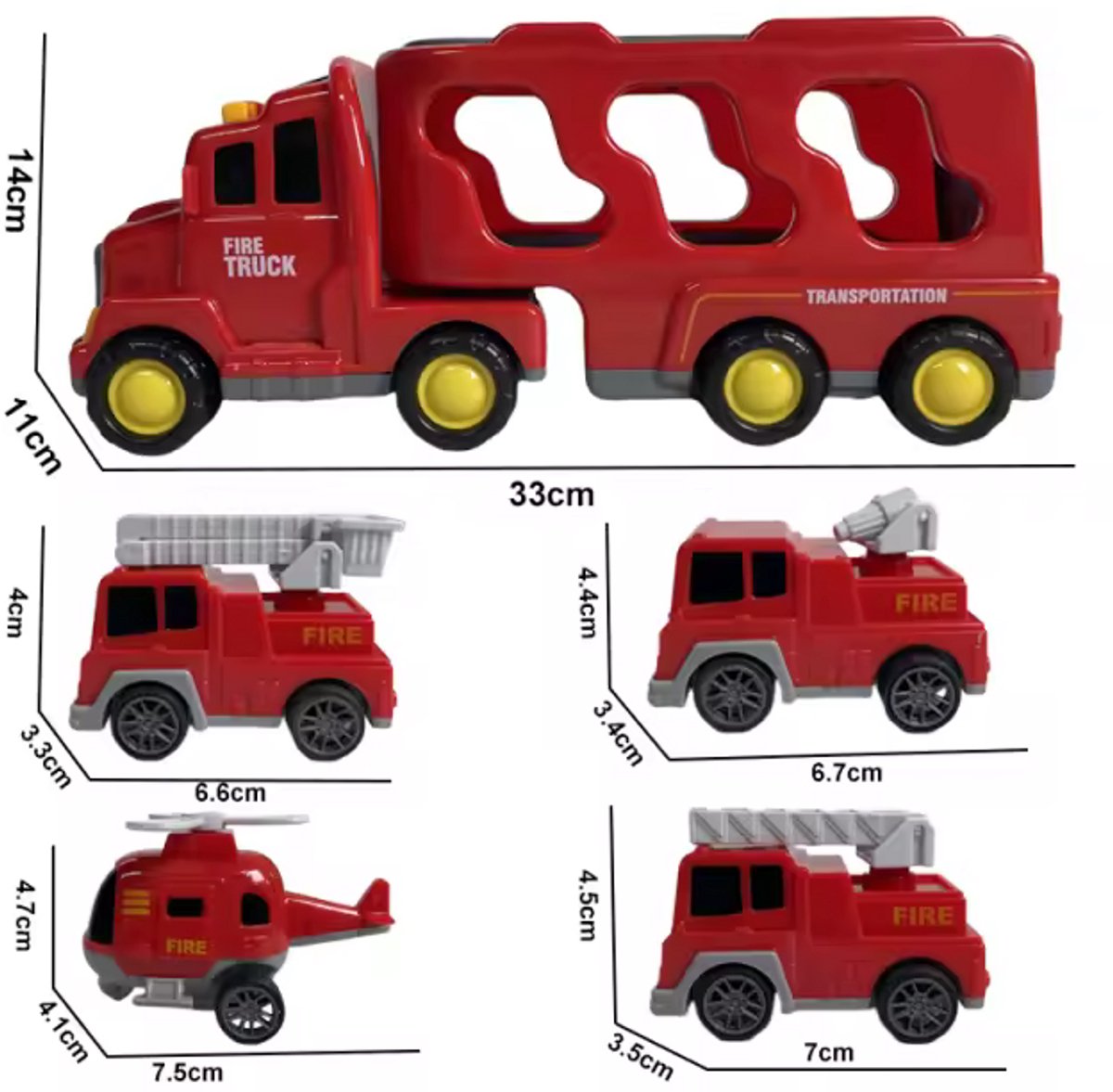 Speelgoed vrachtwagen 33cm met licht en geluid en vier kleine auto's - oplegger - speelgoed truck - brandweer - ONELIV — afbeelding 2