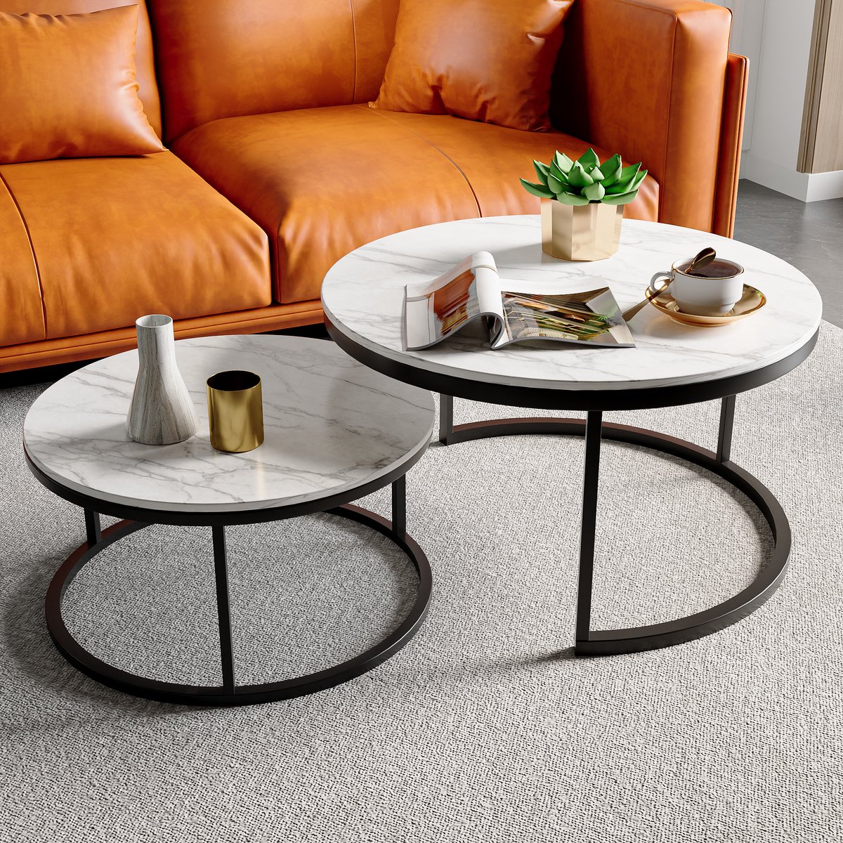 Set van 2 Ronde Salontafels 80/60 cm, Marmeren Bovenblad, Vergulde Metalen Poten, Geschikt voor Woonkamer, Koffiekamer, Woonkamer - Zwart Wit