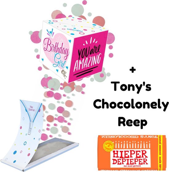 Foto: Boemby exploderende confettikubus verjaardagskaart tony chocolonely brievenbus cadeau verjaardagscadeau chocoladecadeau unieke confetti kaart