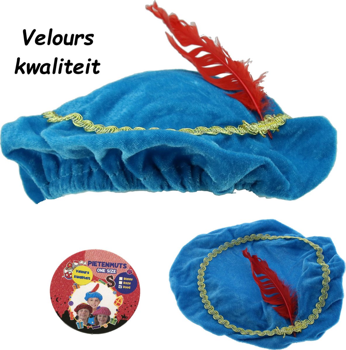 Pieten Muts -  Barret – Velours – One Size – Blauw - Benza