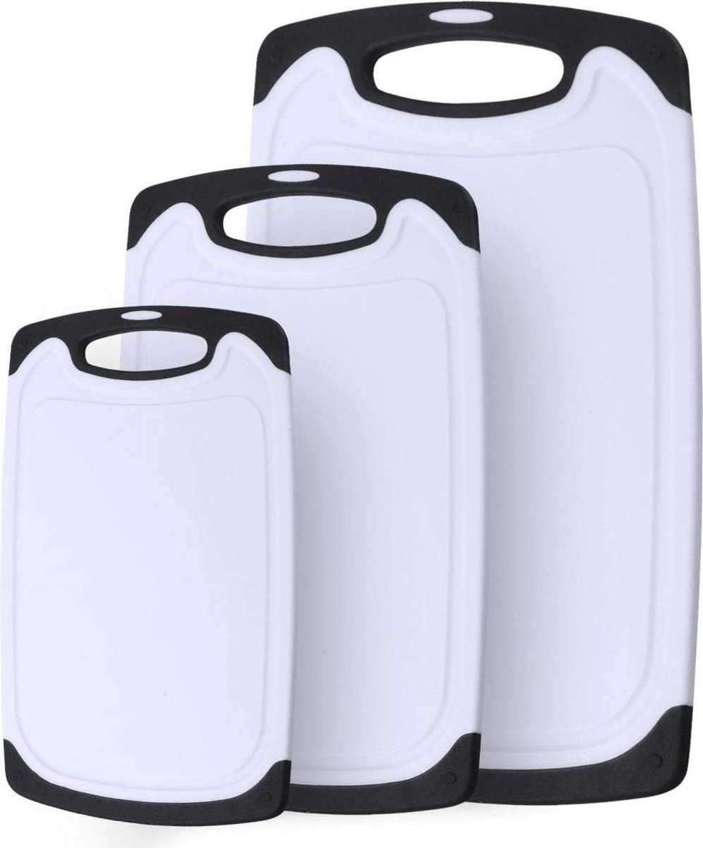 Buxibo 3-delige Kunststof Snijplanken Set met Anti-slip Handvaten -  Snijplankenset Vaatwasserbestendig - Zwart/Wit