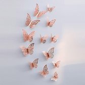 BaykaDecor Muurvlinders - 3D Muursticker Vlinder - Woondecoratie - Kinderkamer - Bruiloftdecoratie - Roze Goud - Set van 12 Stuks