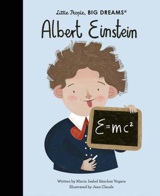 Boek 'Little People, BIG DREAMS: Albert Einstein' met een illustratie van een jongen met warrig haar die een bordje vasthoudt met 'E=mc²'.