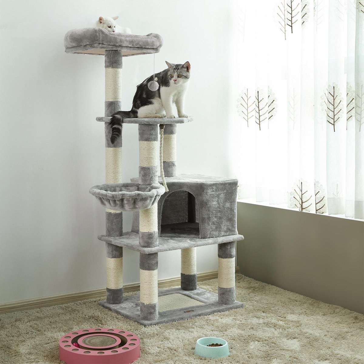 krabpaal met krabpaal, kattenklimboom, 148 cm hoog, met grot en ligplaatsen, in lichtgrijs PCT60W