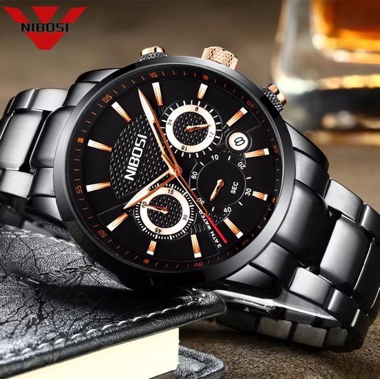 Nibosi Heren Horloge Zwart/Rosé goud Roestvrij Staal Waterdicht Chronograaf  | Bestel nu!