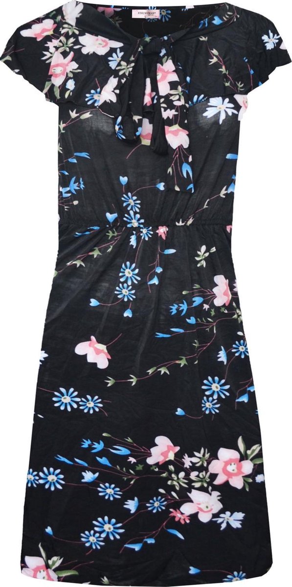 Dames jurk gebloemd polyester zwart one size 38 t/m 42