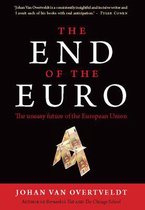 Boek "The End of the Euro" met eurobiljetten opgestapeld als een kaartenhuis. "The uneasy future of the European Union".