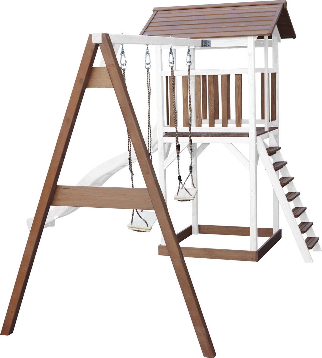 AXI Beach Tower Speeltoestel in Bruin/Wit - Speeltoren met Dubbele Schommel, Witte Glijbaan en Zandbak - FSC hout - Speelhuis op palen voor de tuin — afbeelding 2