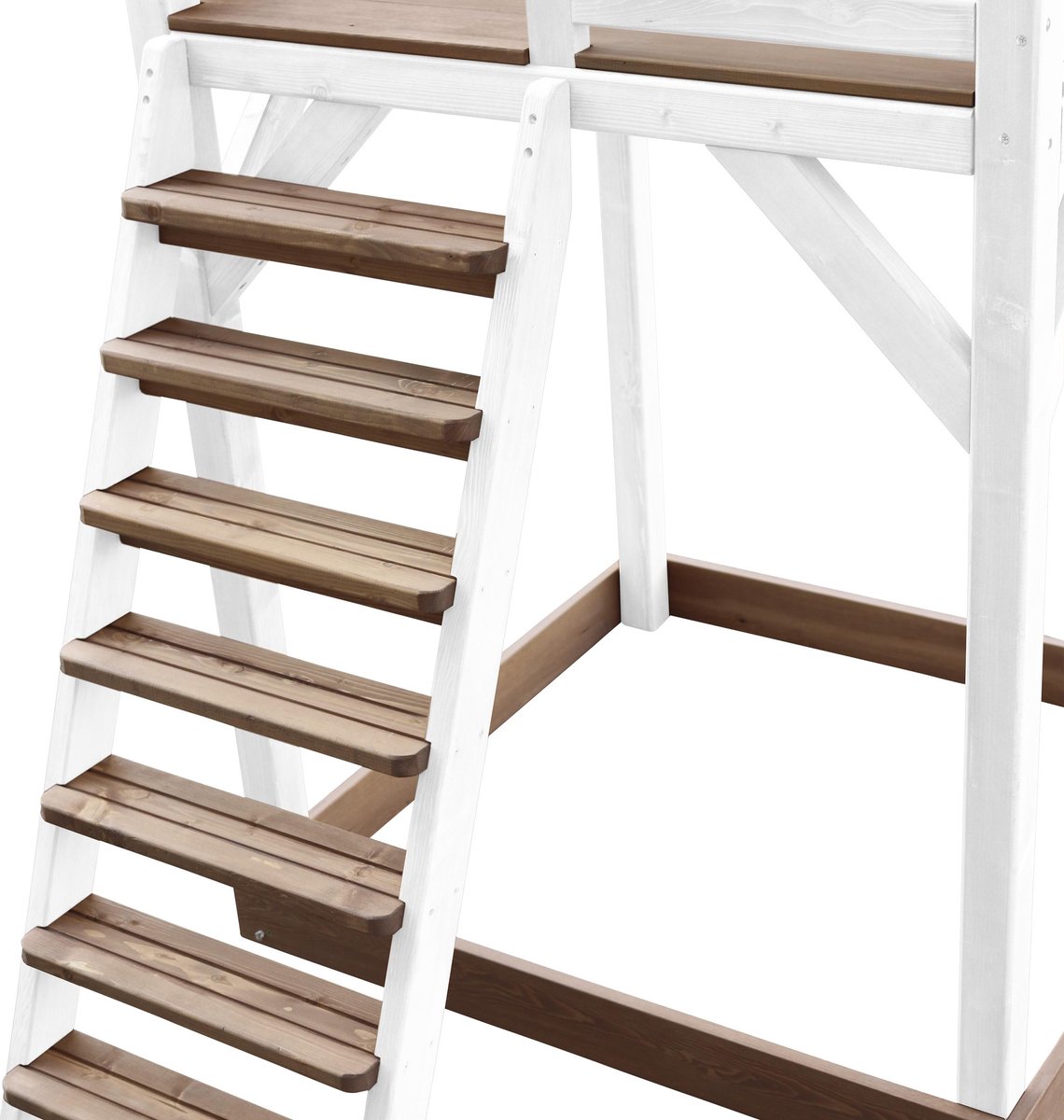 AXI Beach Tower Speeltoestel in Bruin/Wit - Speeltoren met Dubbele Schommel, Witte Glijbaan en Zandbak - FSC hout - Speelhuis op palen voor de tuin — afbeelding 4