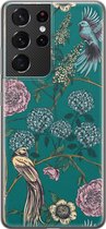Samsung Galaxy S21 Ultra siliconen hoesje - Vogels Japanse bloemen - Soft Case Telefoonhoesje - Blauw - Bloemen
