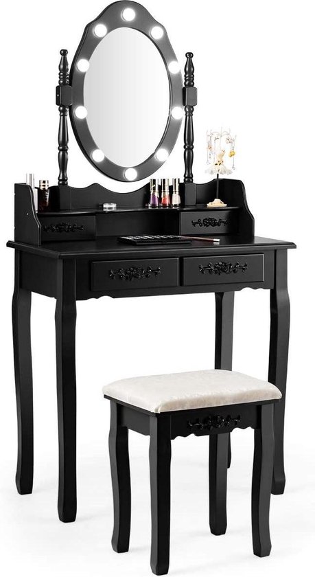 Kaptafel Zwart - Make up Tafel Voor Vrouwen - Met Kruk - LED Verlichting -... | bol.com
