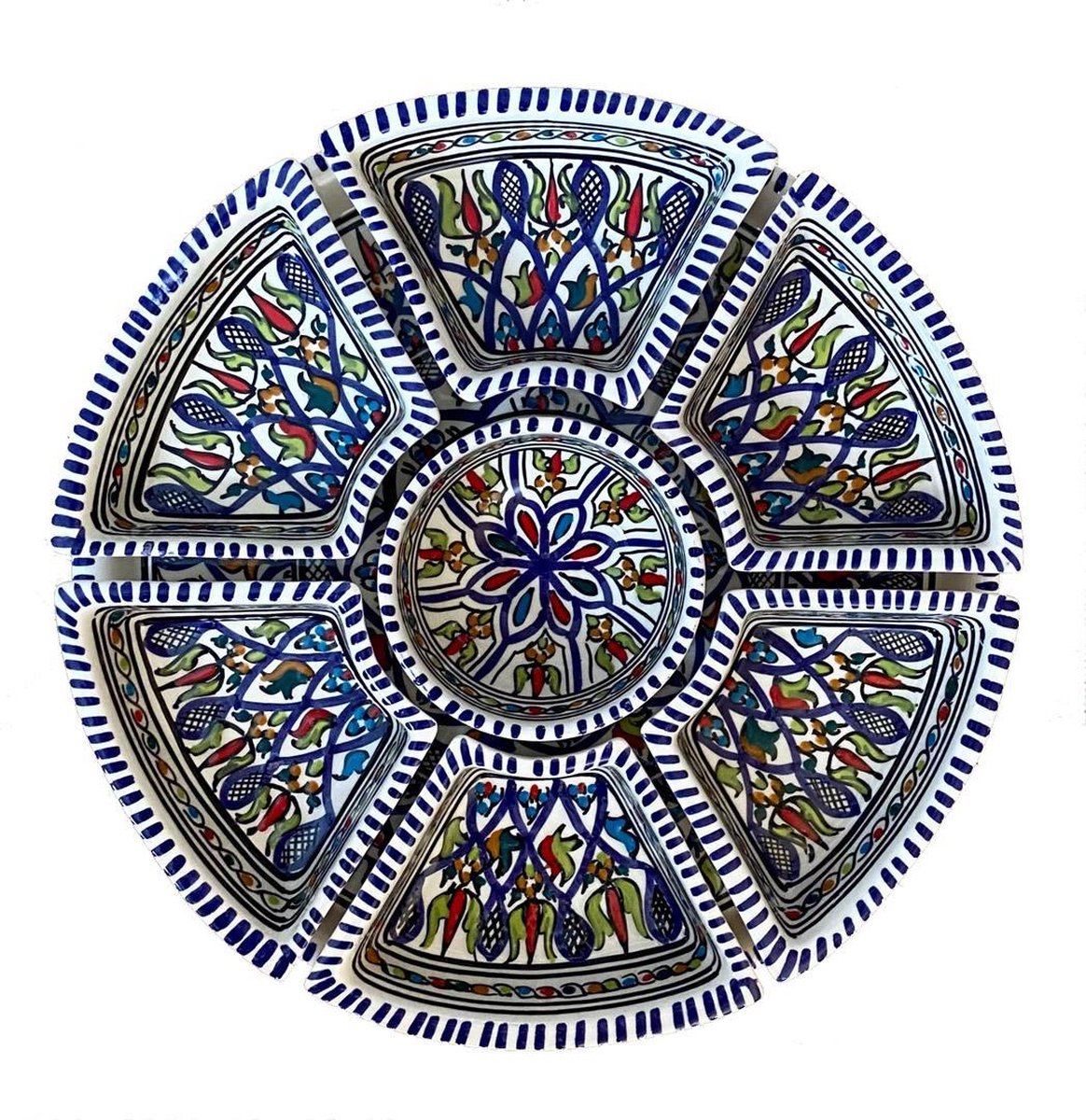 Tapasschaal donkerblauw bord + kom + 6 schaaltjes Tunesisch keramiek 30cm - Leukvanlinda.nl