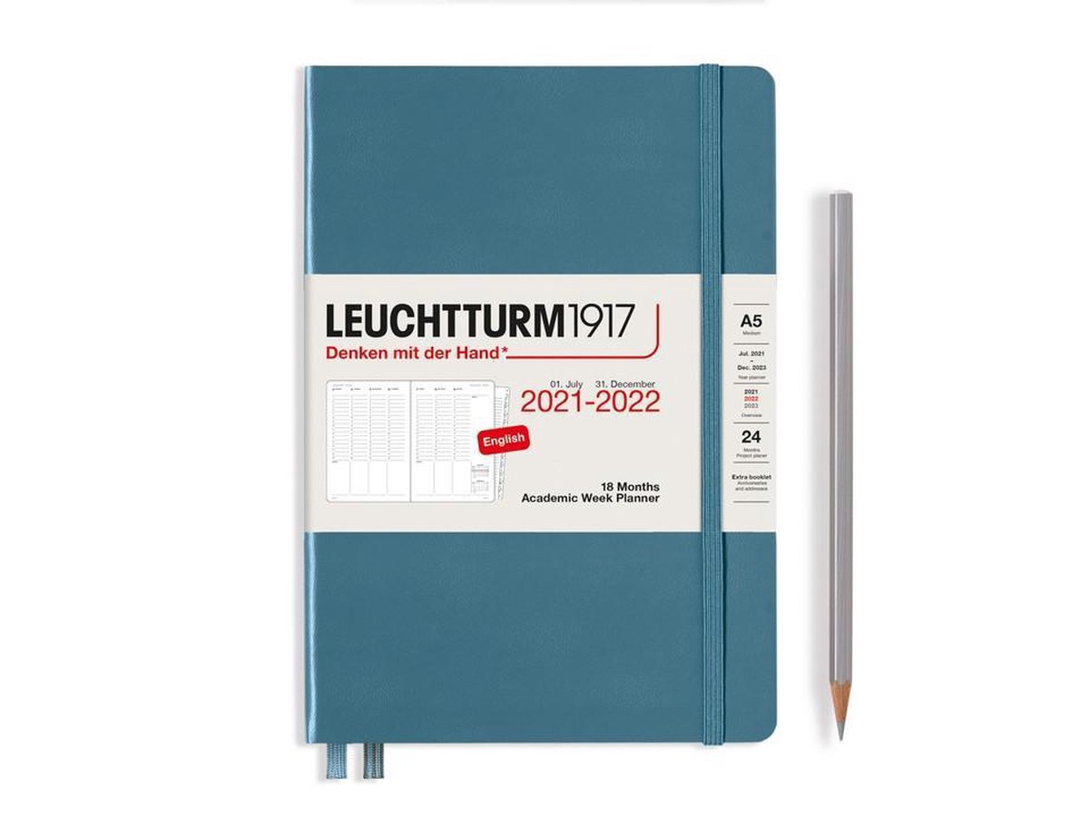 Leuchtturm - Agenda en Notities - 2021-2022 - Academische weekplanner - 18 maanden - A5 - 14,5 x 21 cm - Hardcover - Blauw-Grijs