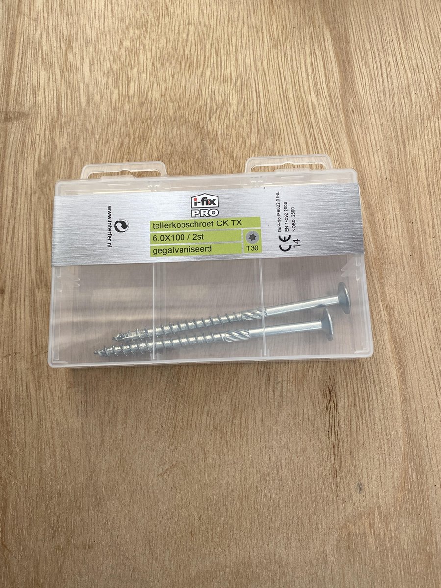 Tellerkopschroef. 6.0x100mm. lang. Cilinderkop. Torx-T-30. verzinkt. 2 stuks. Ifix-Pro.