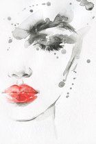 Poster Aquarel van een vrouw met rode lippen 13x18 cm.