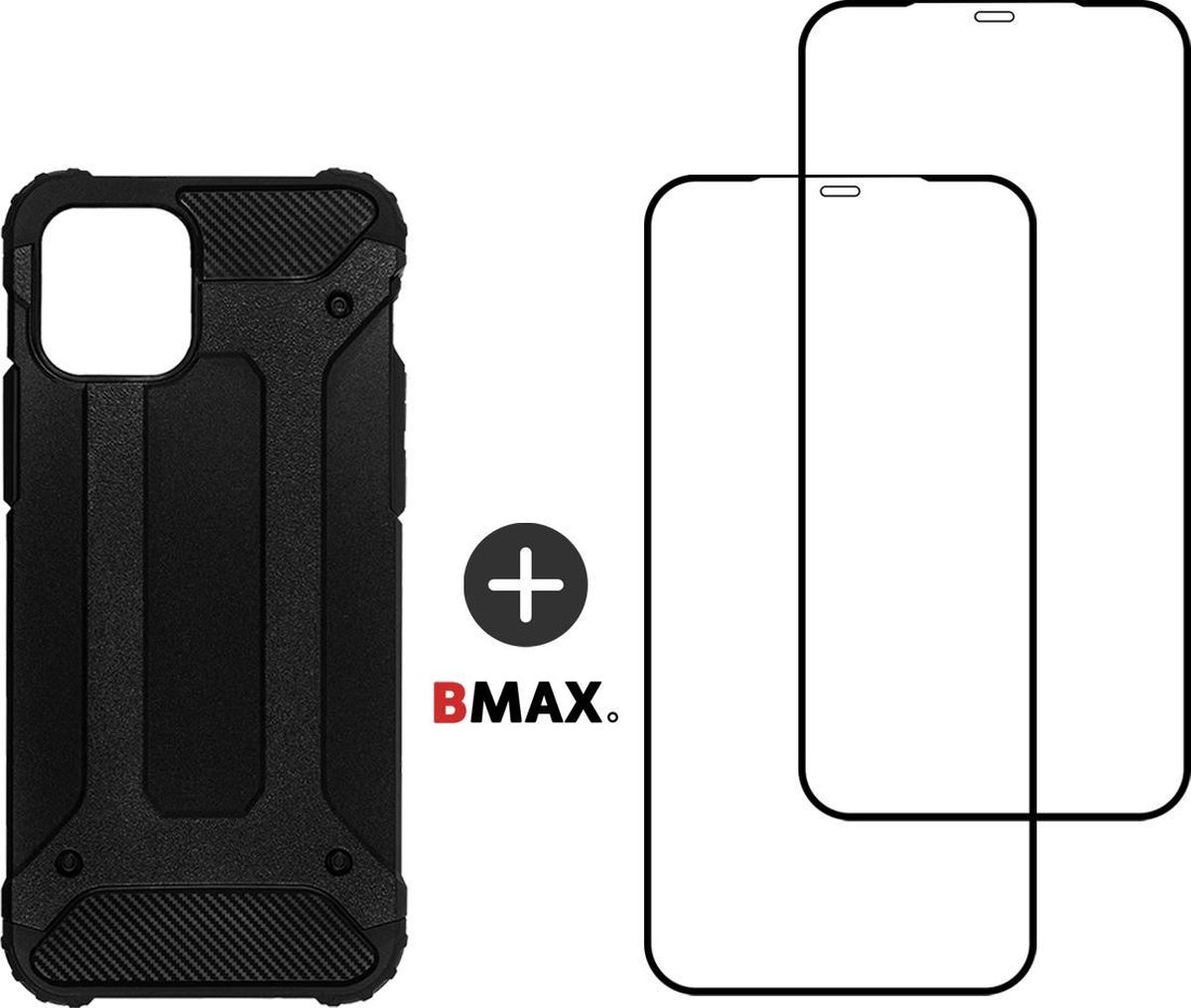 BMAX Telefoonhoesje voor iPhone 12 Mini - Classic armor hardcase hoesje zwart - Met 2 screenprotectors full cover