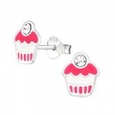 Oorbellen meisje | Zilveren kinderoorbellen | Zilveren oorstekers, rozerode cupcakes met kristal