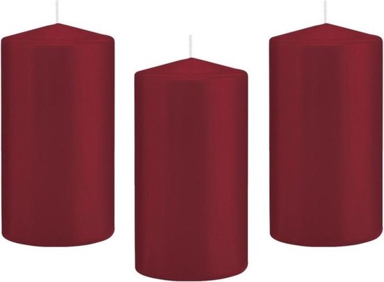 12x Bordeauxrode cilinderkaars/stompkaars 8 x 15 cm 69 branduren - Geurloze kaarsen - Woondecoraties