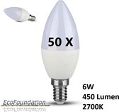 ecoFoundation Pakket van 50  x LED Kaars - E14 - 6W - 450 Lumen - 2700K - 200° - Directe besparing van meer dan 80%