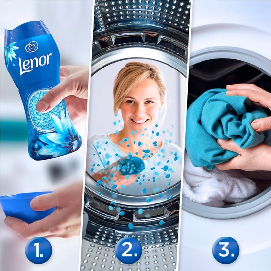 Triptyque : 1. Bouteille de perles de parfum Lenor "Zeebries" et un bol bleu. 2. Femme jetant des perles dans une machine à laver. 3. Mains plaçant des vêtements dans une machine à laver.