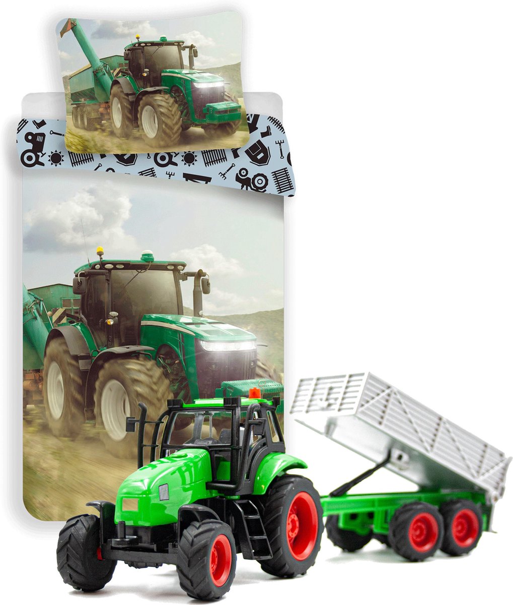 Dekbedovertrek groene Tractor - Eenpersoons - 140 x 200 cm - katoen- Boerderij dekbed- incl. Tractor speelset met Kipper.