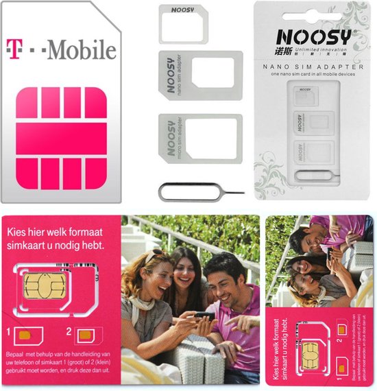 T-MOBILE prépayé | Carte SIM 3 en 1 | €5,- + €5,- |y compris l'adaptateur  de carte SIM... | bol.com