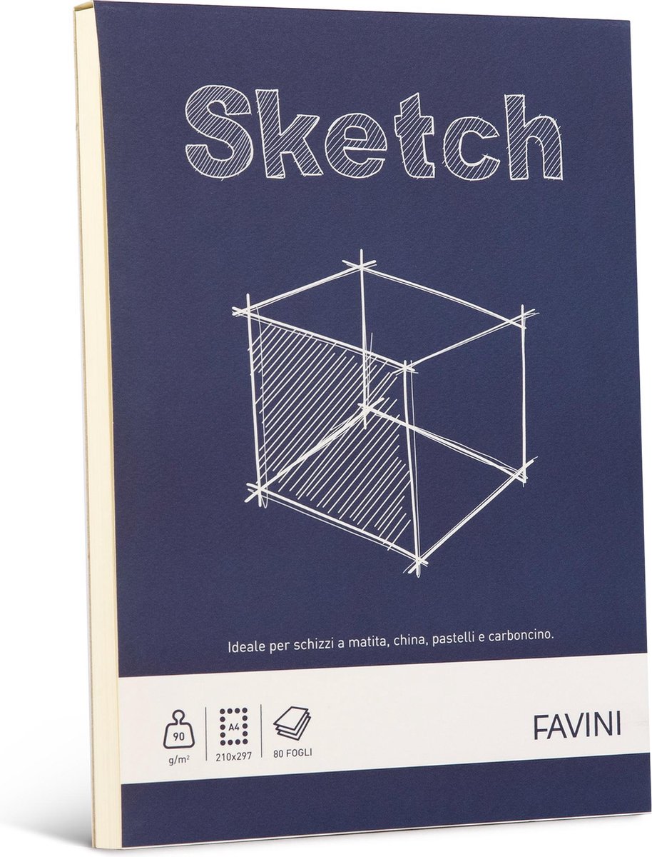 Sketch tekenblok ruw papier potlood houtskool pastel inkt A4 90 g/m2 80 vel FAVINI