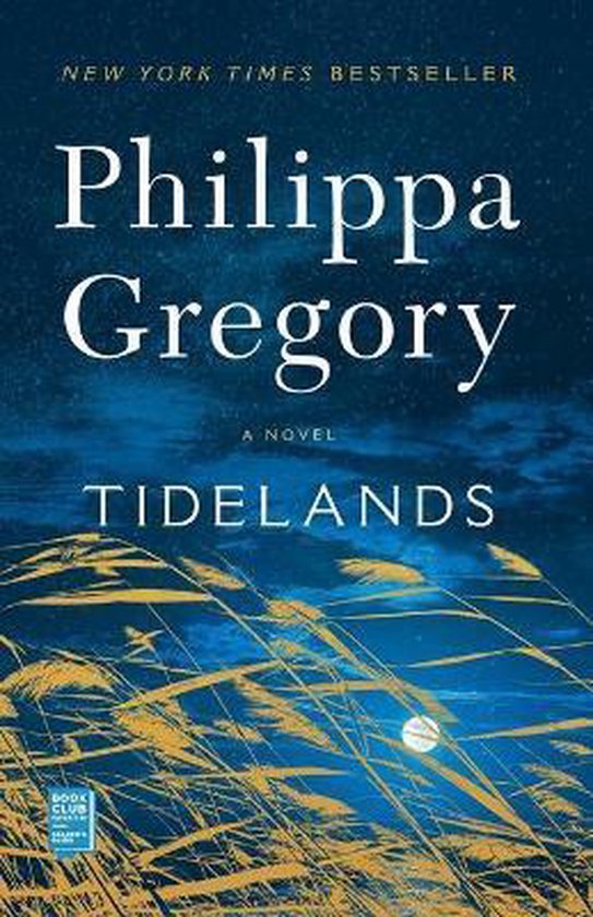Boekcover van 'Tidelands'. Twee gouden rietstengels met de maan op de achtergrond op een donkerblauwe achtergrond met sterren.