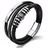 Rond Gevlochten Leren Armband met Blanco Accenten - Zwart met Zilver kleurig - Armband Heren - Armband Mannen - Valentijn Cadeautje voor Hem Haar - Valentijnsdag Cadeau