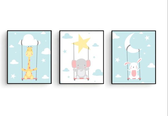 Poster Set 3 Giraf Konijntje Olifant op de Schommel Wolk Maan Ster  - Kinderkamer - Dieren Poster - Babykamer / Kinderposter - Babyshower Cadeau - Muurdecoratie - 80x60cm - Postercity