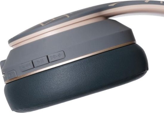 Grijze en gouden PowerLocus P6 koptelefoon, close-up van bedieningsknoppen op de oorschelp.