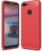 Voor Huawei Honor 9 Lite geborstelde textuur Koolstofvezel schokbestendig TPU beschermhoes (rood)