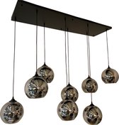Hanglamp Bulbs 7 lichts - smoke spiegel 20cm doorsnede glazen Bollamp - zwart ophangplaat 120 x 30cm - met 20cm lang zwart koker - maximale hoogte 200cm