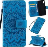 Geperst afdrukken Zonnebloempatroon Horizontale flip PU lederen tas voor Galaxy A10e, met houder en kaartsleuven en portemonnee en lanyard (blauw)